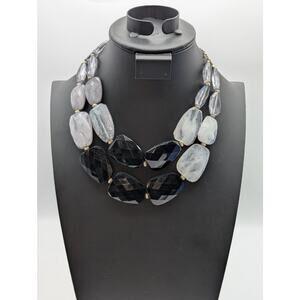 Double Strand Chunky Lg Faceted Black Gray White Acrylic Bead 16"-19" Necklace